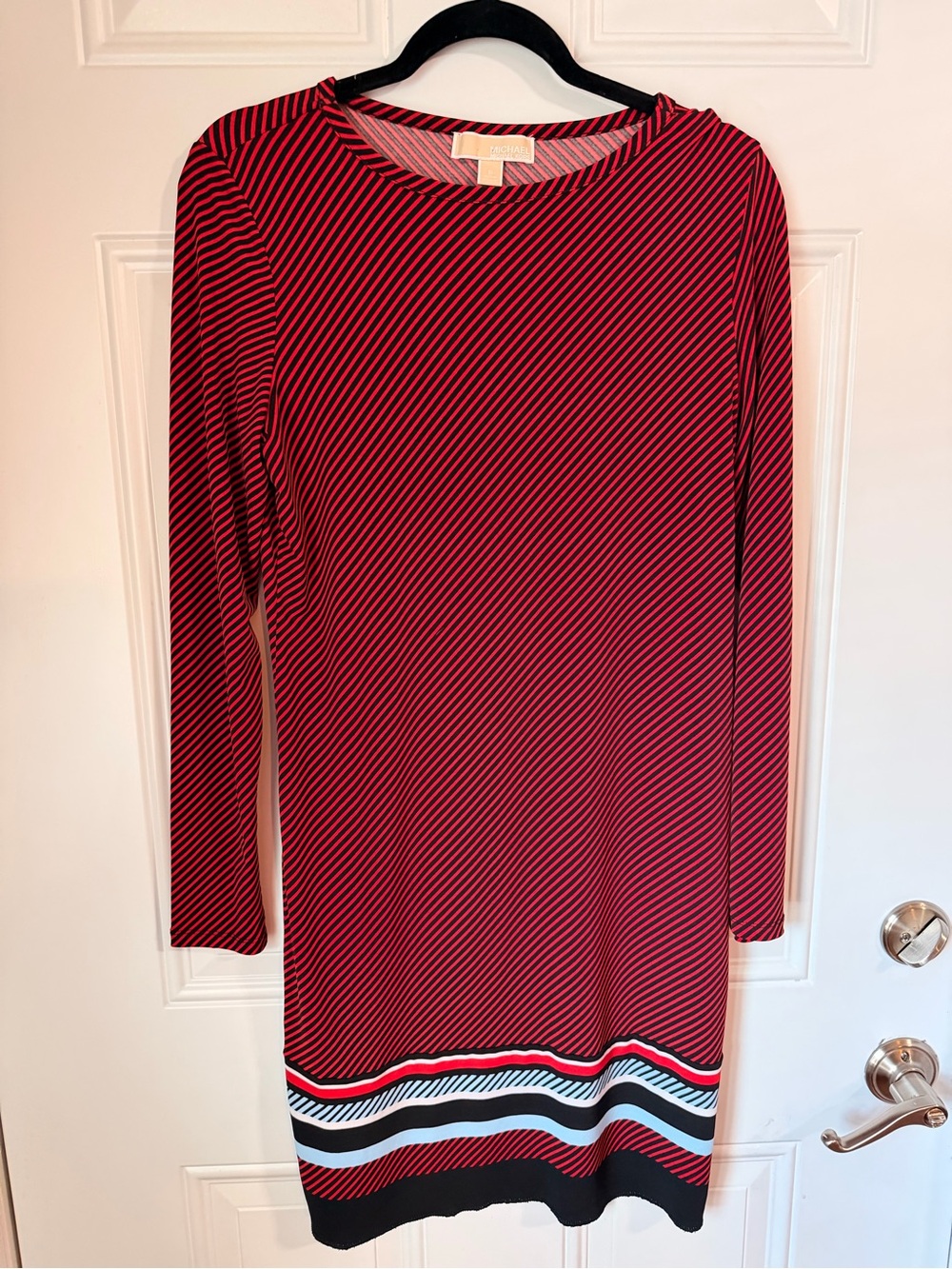 Michael Kors Red and Black Striped Long Sleeve Shift Dress with Accent Bands